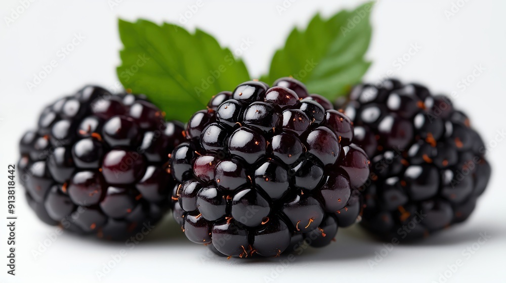 Three Ripe Blackberries with Green Leaf Three Ripe Blackberries with Green Leaf