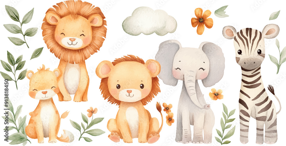 Obraz premium watercolor cute jungle baby animals, lion tiger elephant giraffe zebra cloud leaves plants flowers neutral colors isolated
