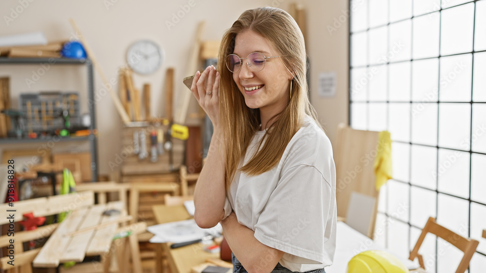 Smiling caucasian woman with glasses standing in a bright carpentry workshop Smiling caucasian woman with glasses standing in a bright carpentry workshop