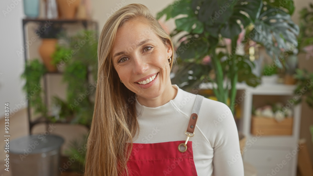 A smiling young woman with blonde hair wearing an apron stands in a lush flower shop interior. A smiling young woman with blonde hair wearing an apron stands in a lush flower shop interior.