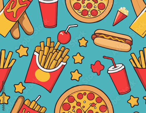 Retro Cartoon Fast Food Characters Embody Vibrant And Funky Vibes. French Fries, Hot Dog, Cola And Pizza. Pop Corn