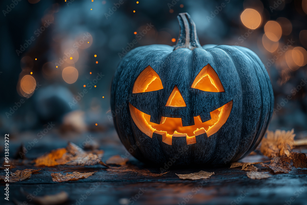 A photo of a smiling Halloween pumpkin on a wooden table against a dark background. A photo of a smiling Halloween pumpkin on a wooden table against a dark background.