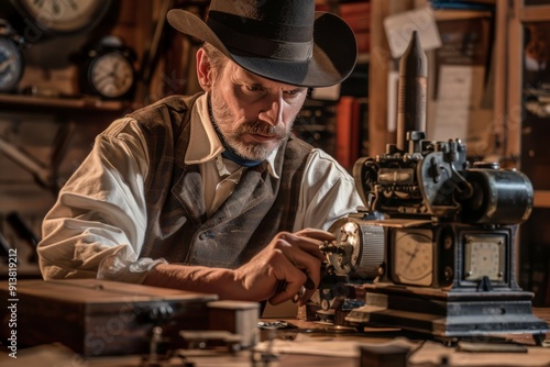 Wild West Telegraph Operator Receiving Urgent Message - Historical Communication Concept