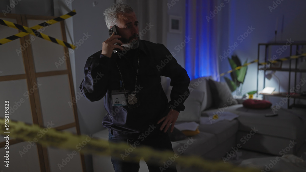 A caucasian detective with a beard is speaking on a mobile while investigating a dimly lit, indoor crime scene at night A caucasian detective with a beard is speaking on a mobile while investigating a dimly lit, indoor crime scene at night