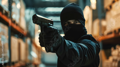 The image depicts a masked thief holding a gun in a warehouse, emphasizing crime, danger, and tension, reflecting themes of criminal activity and risk