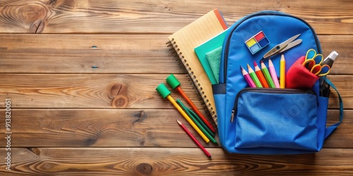 close up top view of school bag and supplies