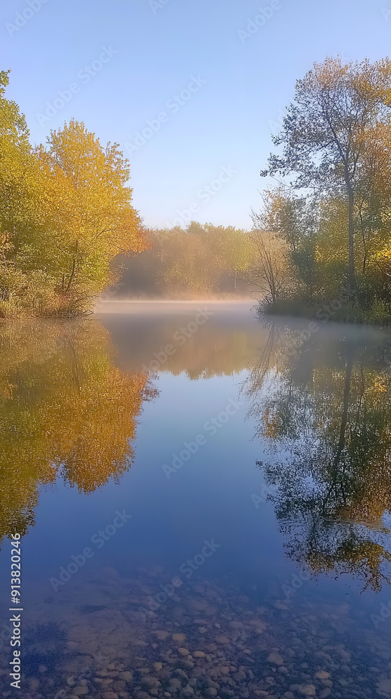 Misty Autumn Morning by River with Reflective Fall Foliage Misty Autumn Morning by River with Reflective Fall Foliage