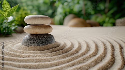 Zen garden with stacked stones and raked sand