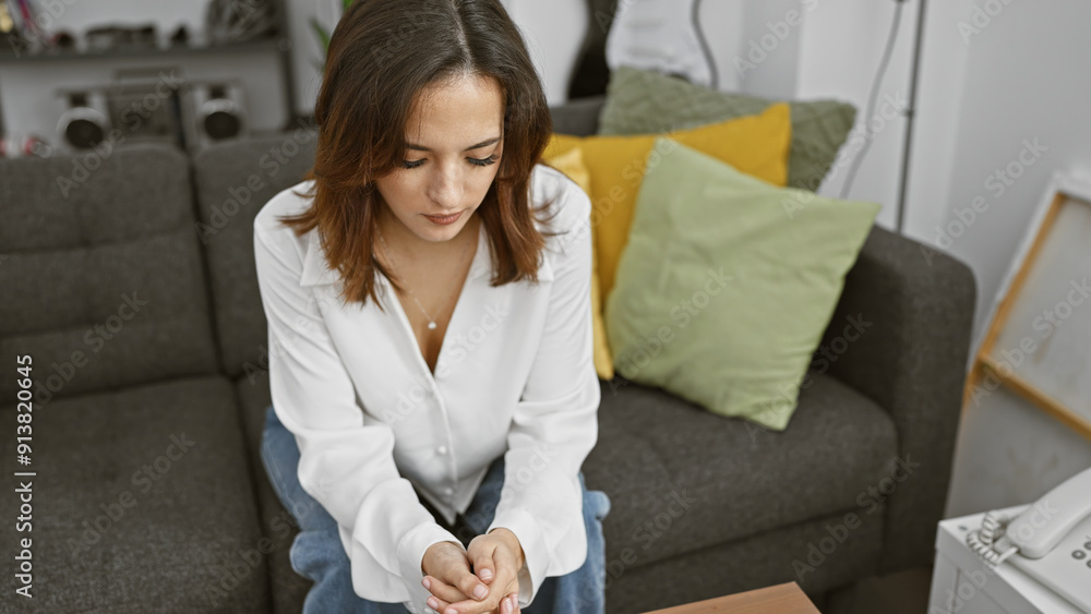 A contemplative young hispanic woman sits in a modern living room interior, embodying tranquility and elegance. A contemplative young hispanic woman sits in a modern living room interior, embodying tranquility and elegance.