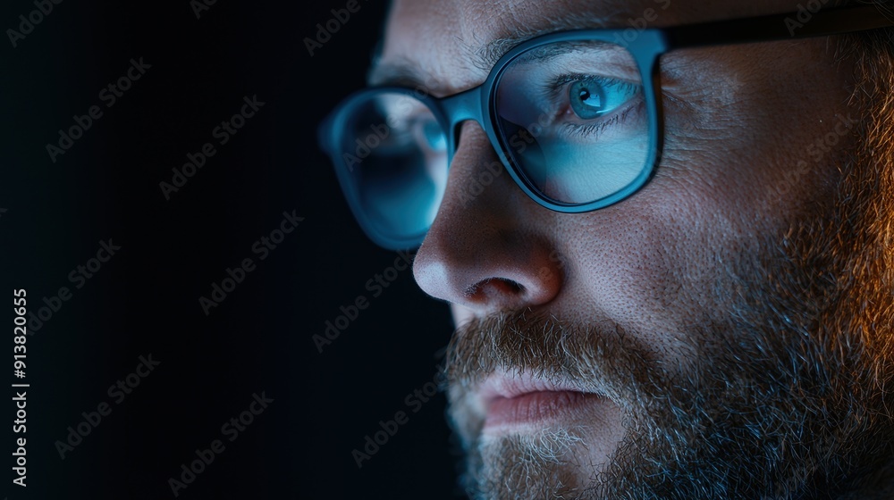 Thoughtful man with beard and glasses in blue light Thoughtful man with beard and glasses in blue light