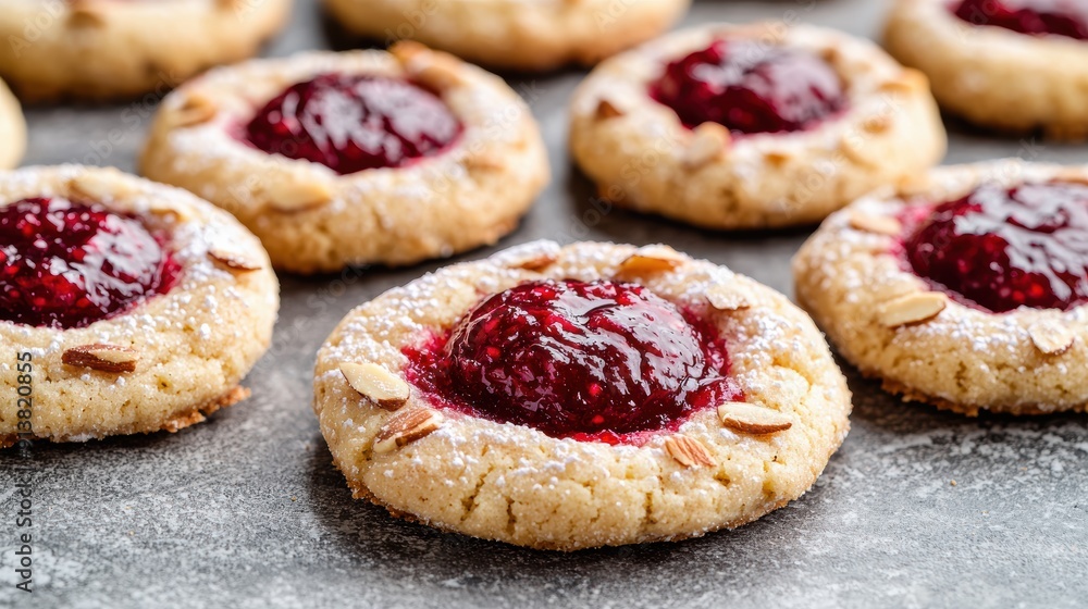 Homemade raspberry jam cookies on a baking sheet