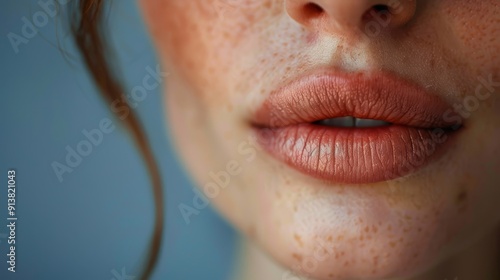  A tight shot of a woman's face, displaying freckles on her skin, and the backs of her hands with freckled nails near her lips photo