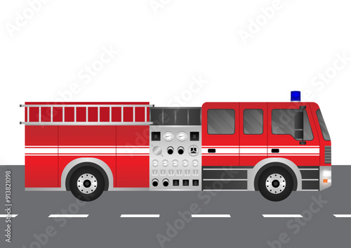 Fire Engine or Fire Truck Driving on the Road. Vector Illustration.