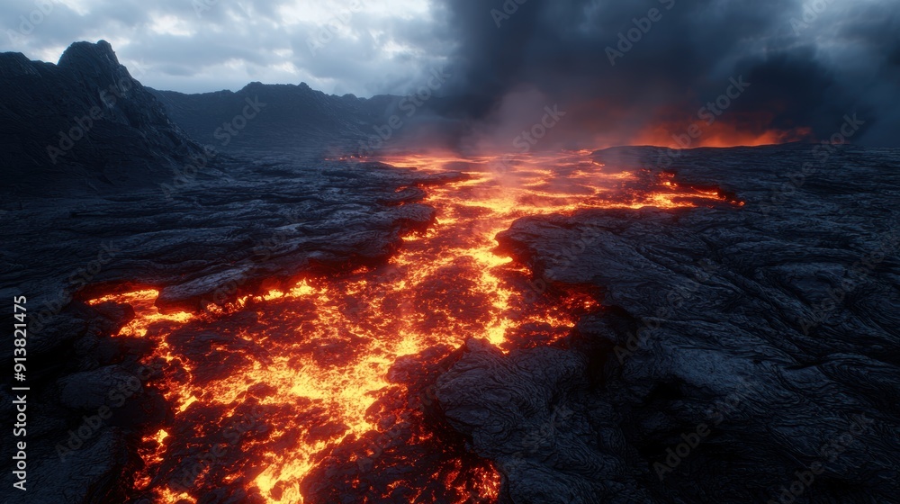 Dramatic volcanic landscape with fiery lava flow Dramatic volcanic landscape with fiery lava flow