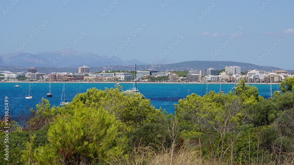 The Reserva Marina de la Bahía de Palma with the view of S'Arenal from the Mirador Son Verí Nou on the island Mallorca in Spain in August The Reserva Marina de la Bahía de Palma with the view of S'Arenal from the Mirador Son Verí Nou on the island Mallorca in Spain in August