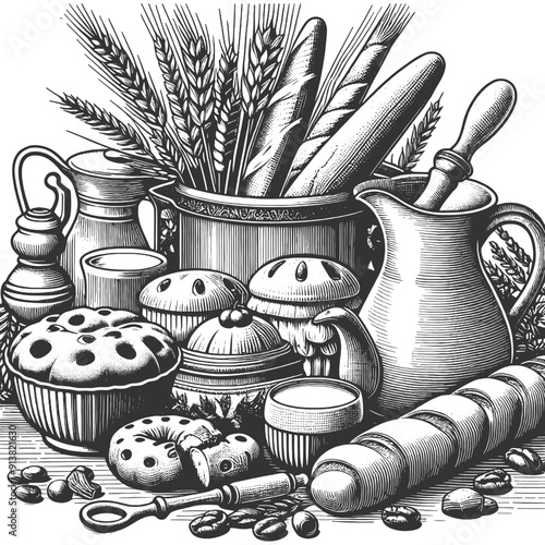 kitchen still life featuring bread, pastries, jars, and utensils, rustic charm and craftsmanship sketch engraving generative ai vector illustration. Scratch board imitation. Black and white image.