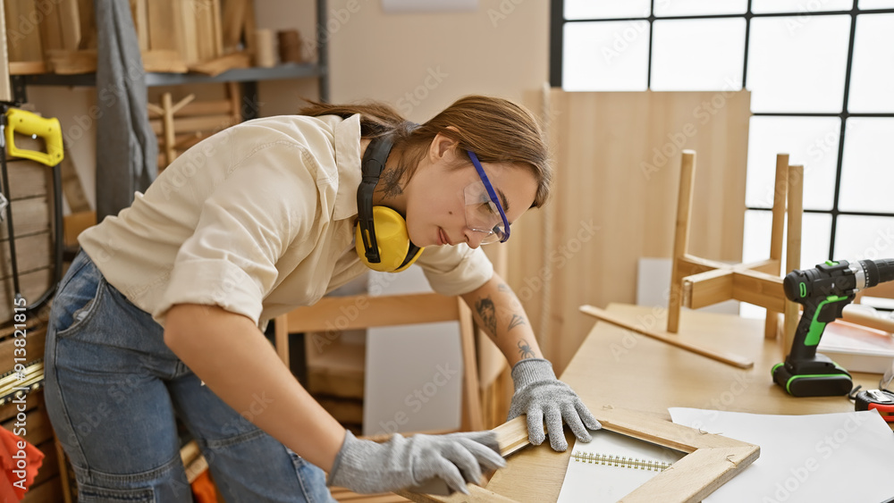 A young brunette woman meticulously measures wood in a well-lit carpentry workshop, exuding focus and professionalism. A young brunette woman meticulously measures wood in a well-lit carpentry workshop, exuding focus and professionalism.