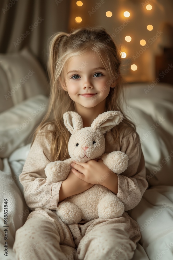 A happy little girl, in cozy attire, holding a soft stuffed bunny, with glowing lights in the background. A happy little girl, in cozy attire, holding a soft stuffed bunny, with glowing lights in the background.