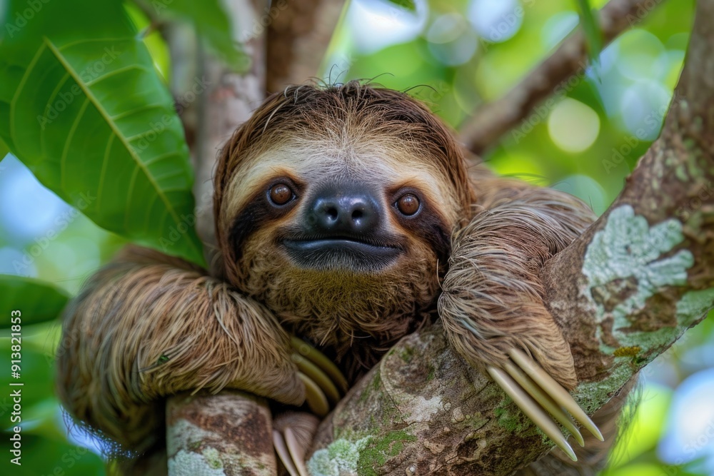 Cute Animal Face. Sloth Hanging on Tree Branch in Rainforest of Costa Rica, Funny and Cute Wildlife Portrait Cute Animal Face. Sloth Hanging on Tree Branch in Rainforest of Costa Rica, Funny and Cute Wildlife Portrait