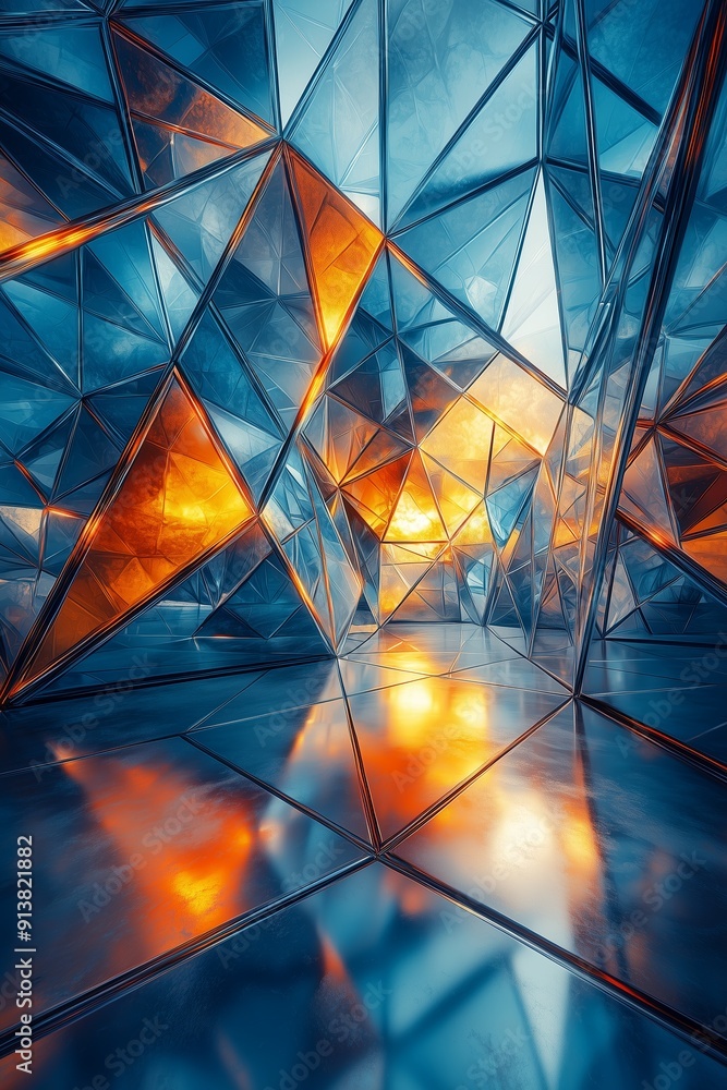 Fototapeta premium A mesmerizing abstract image featuring reflective geometric shapes with vibrant blue and orange lighting, creating a dynamic visual effect.