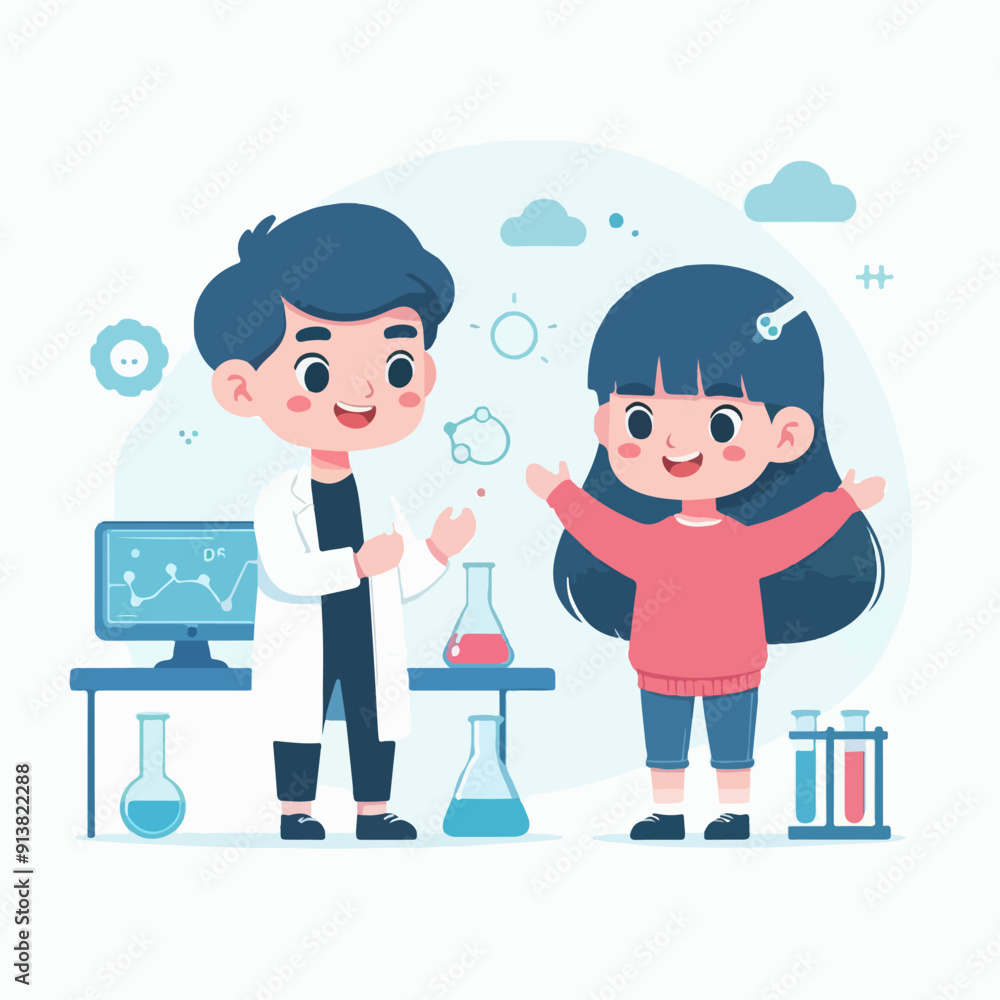 Fototapeta premium Science kids. Children in chemistry laboratory little boys and girls vector cute people. Laboratory science, laboratory education experiment illustration
