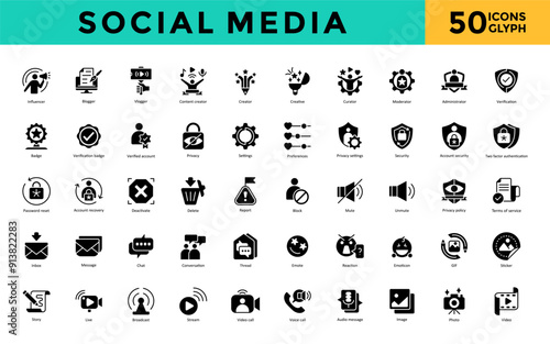 Social Media icon set with influencer, blogger, vlogger, content creator, creator, creative, curator, moderator, administrator, verification icon. Simple glyph vector 
