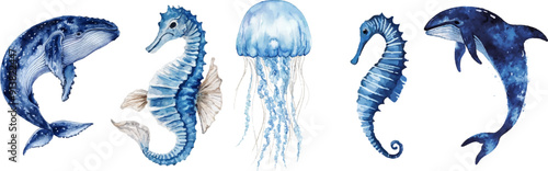 set of watercolor illustrations, jellyfish and humpback whale, seahorse, blue colors, isolated on white background,