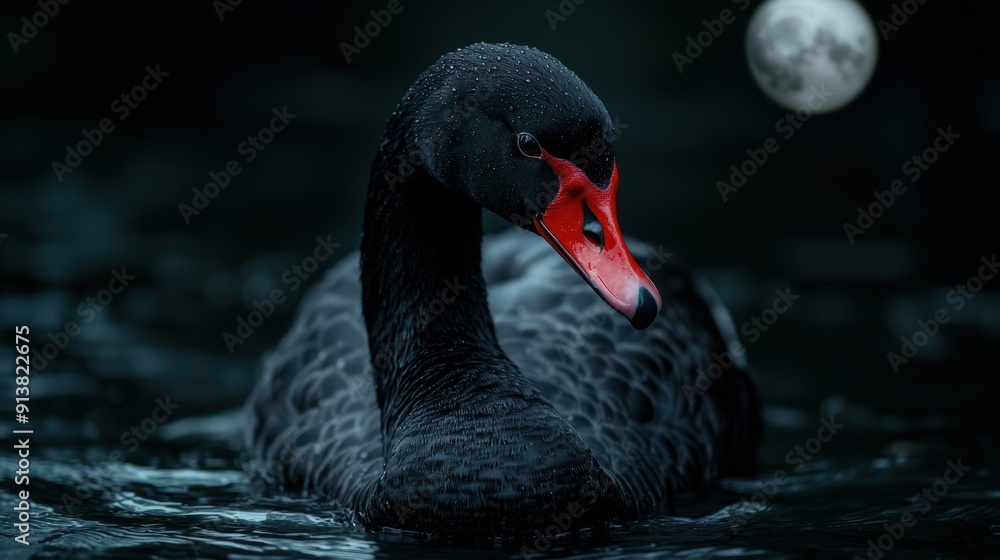 Obraz premium Majestic black swan swimming in dark waters under the moonlight