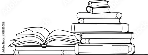 Stack of Books and Open Book Line Drawing Illustration