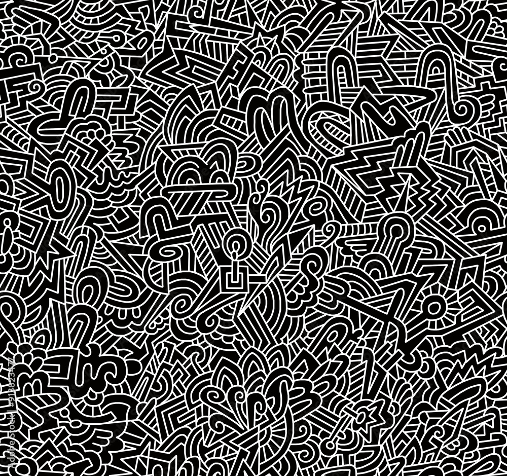 Fototapeta premium Black and white cartoon pattern on white background, doodle and abstract design, seamless background. 