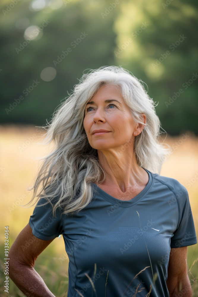 Mature woman with long gray hair standing outdoors in a sunny field, looking thoughtfully into the distance. Concepts of aging gracefully, nature, and mindfulness. Mature woman with long gray hair standing outdoors in a sunny field, looking thoughtfully into the distance. Concepts of aging gracefully, nature, and mindfulness.