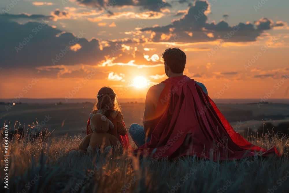 Father and Daughter Watch the Sunset as a Superhero Father and Daughter Watch the Sunset as a Superhero