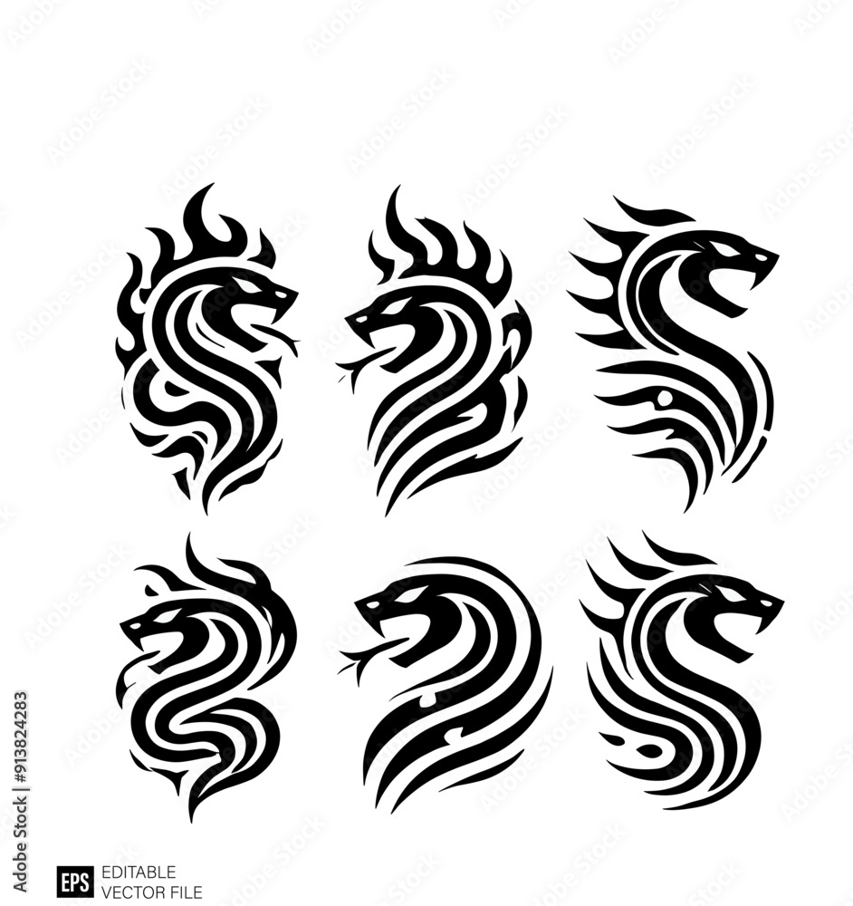Fototapeta premium Set of snake head tribal tattoo graphic design vector templates
