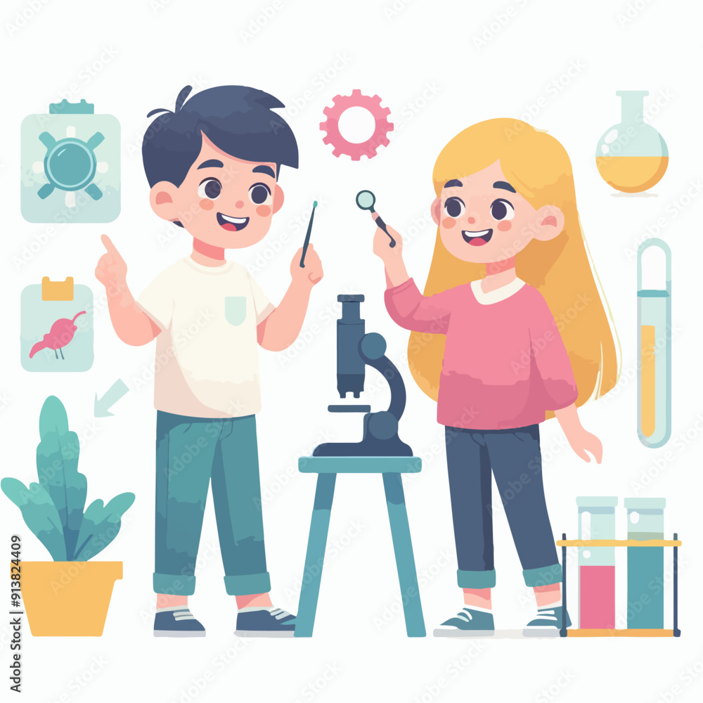 Science kids. Children in chemistry laboratory little boys and girls vector cute people. Laboratory science, laboratory education experiment illustration Science kids. Children in chemistry laboratory little boys and girls vector cute people. Laboratory science, laboratory education experiment illustration