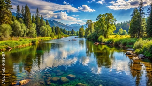 A scenic summer view of a serene lake reflecting the majestic mountains and lush greenery.