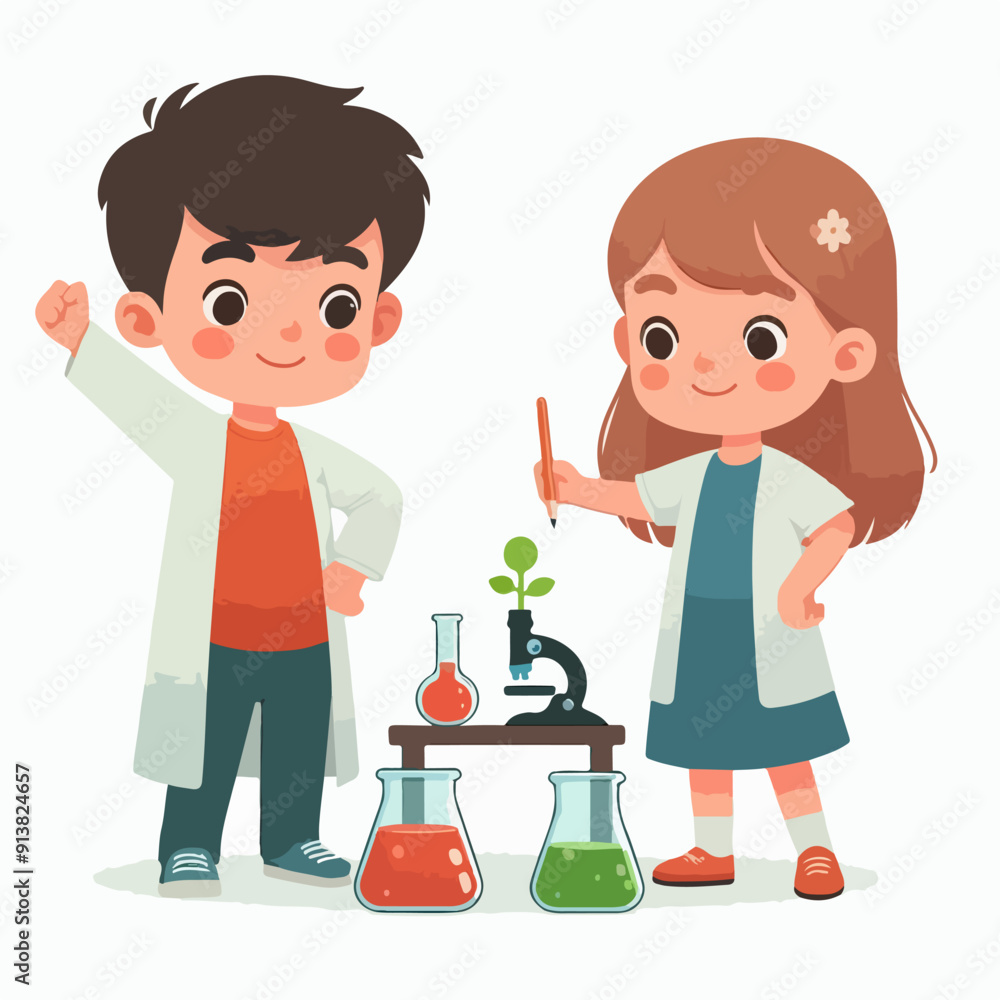 Science kids. Children in chemistry laboratory little boys and girls vector cute people. Laboratory science, laboratory education experiment illustration Science kids. Children in chemistry laboratory little boys and girls vector cute people. Laboratory science, laboratory education experiment illustration