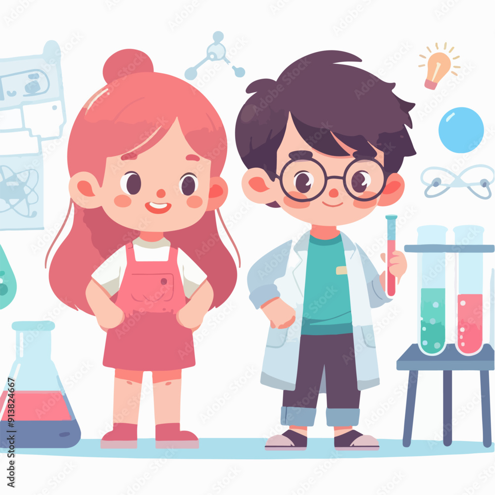 Science kids. Children in chemistry laboratory little boys and girls vector cute people. Laboratory science, laboratory education experiment illustration Science kids. Children in chemistry laboratory little boys and girls vector cute people. Laboratory science, laboratory education experiment illustration