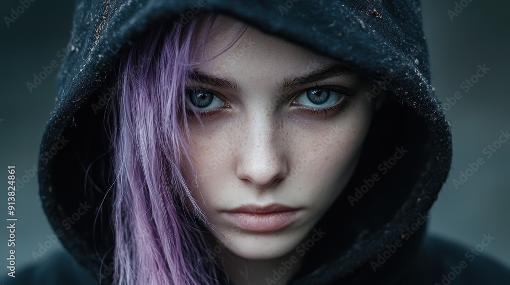Mysterious woman with purple hair and piercing blue eyes Mysterious woman with purple hair and piercing blue eyes