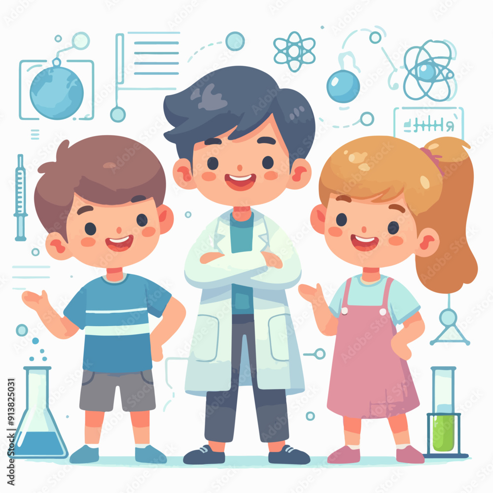 Science kids. Children in chemistry laboratory little boys and girls vector cute people. Laboratory science, laboratory education experiment illustration Science kids. Children in chemistry laboratory little boys and girls vector cute people. Laboratory science, laboratory education experiment illustration