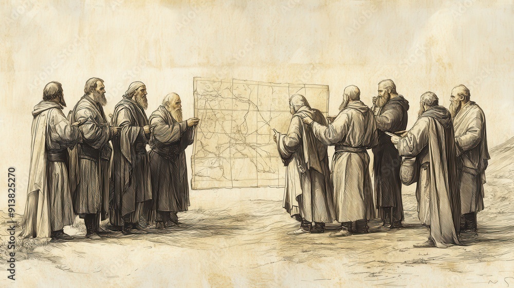 Fototapeta premium Biblical Illustration of The Allotment for Manasseh: The people of Manasseh examining the map, discussing the extent of their new land, Beige Background