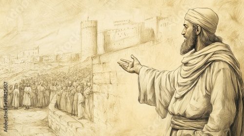 Biblical Illustration of The Covenant Renewed at Shechem: Joshua recounting Israel's history, from Abraham to their present time, before the people, Beige Background photo