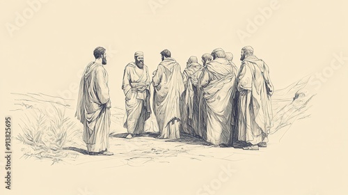 Biblical Illustration of The Allotment for Simeon: The leaders of Simeon standing before Joshua, eager to receive their inheritance, Beige Background