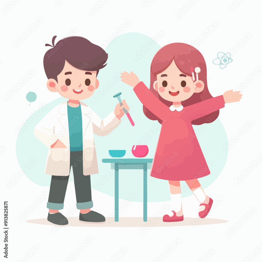 Science kids. Children in chemistry laboratory little boys and girls vector cute people. Laboratory science, laboratory education experiment illustration Science kids. Children in chemistry laboratory little boys and girls vector cute people. Laboratory science, laboratory education experiment illustration