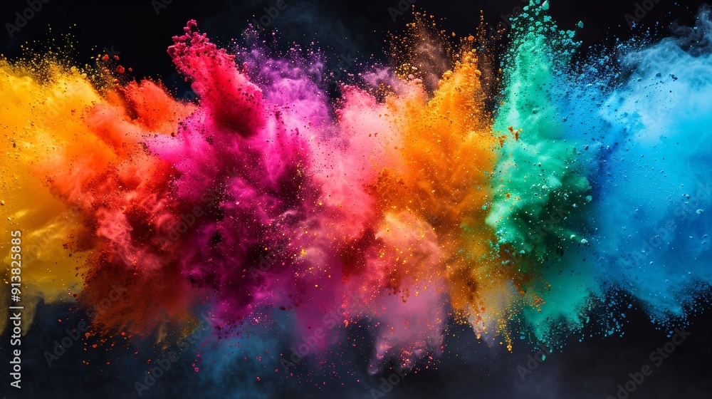 Vibrant Explosion of Colored Powder Filling the Air During Celebration Event at Sunset Vibrant Explosion of Colored Powder Filling the Air During Celebration Event at Sunset