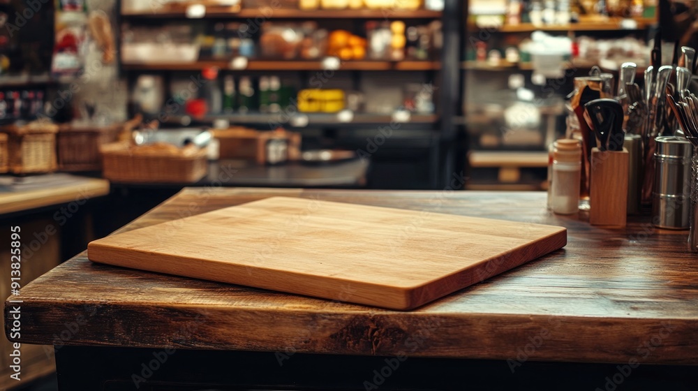 Wooden Cutting Board on Rustic Countertop Wooden Cutting Board on Rustic Countertop