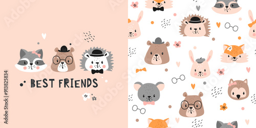 Сhildish pattern with cute forest animals. Baby shower greeting card. Zoo seamless background, cute vector texture for kids bedding, fabric, wallpaper, wrapping paper, textile, t-shirt print