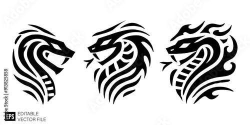 Set of snake head tribal tattoo graphic design vector templates