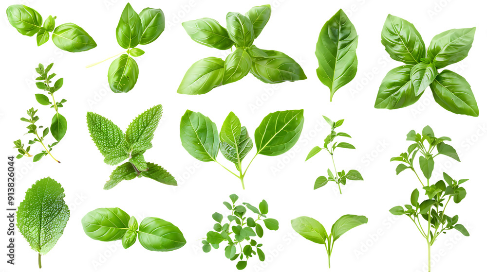 Fresh Green Herbs with Transparent Background: Basil, Mint, Oregano, and Thyme for Cooking and Garnish Fresh Green Herbs with Transparent Background: Basil, Mint, Oregano, and Thyme for Cooking and Garnish