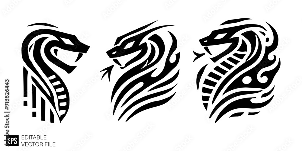 Set of snake head tribal tattoo graphic design vector templates Set of snake head tribal tattoo graphic design vector templates