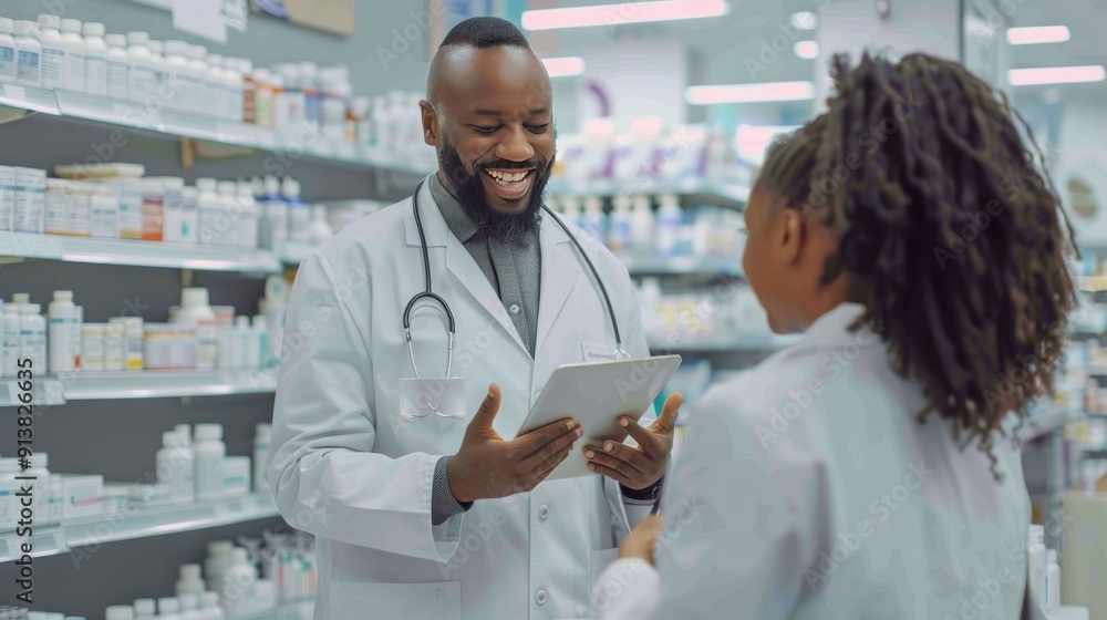 Pharmacist Consulting a Patient Using a Tablet in a Pharmacy